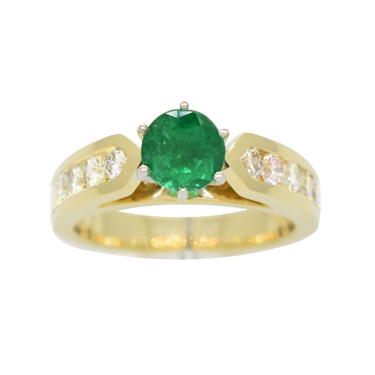 Emerald and diamond ring in 14K yellow and white gold with 1.05 Ct. round cut natural emerald and 0.72 Ct. t.w. in 10 round cut genuine diamonds