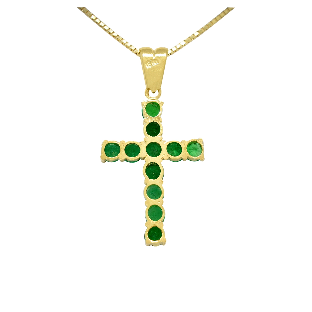 Solid 18K yellow gold cross pendant custom made for 11 round cut real Colombian emeralds in excellent quality