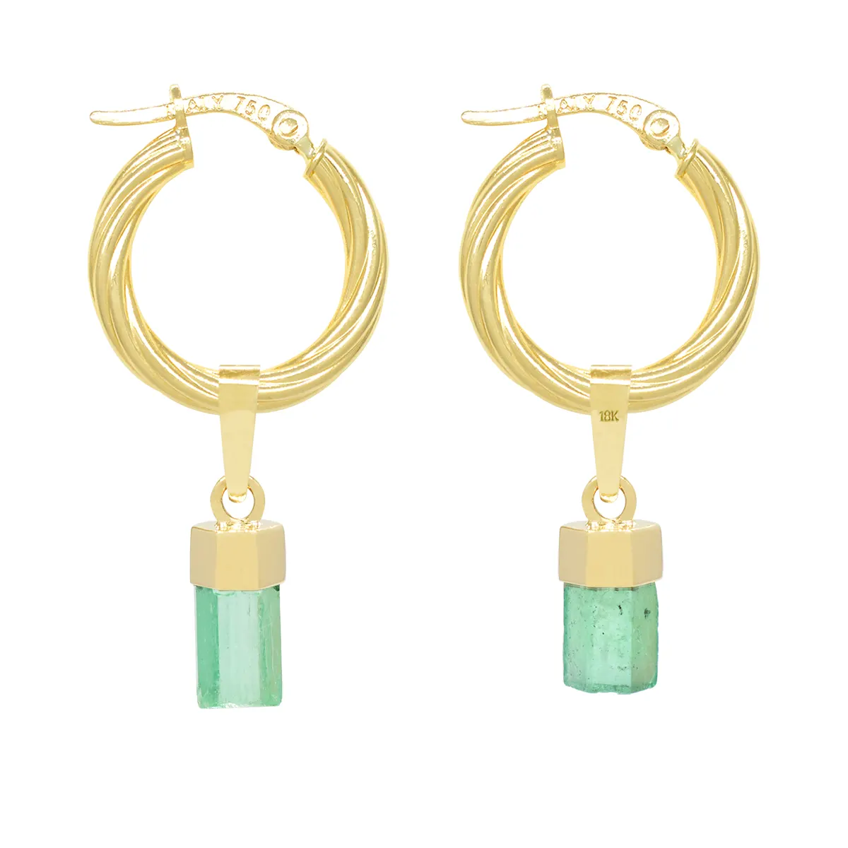 Uncut Natural Emeralds in 18K Gold Hoop Earrings