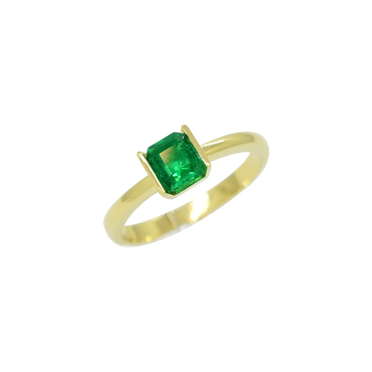 Solitaire emerald ring with 0.50 Ct. square shape emerald cut natural emerald set in 18K gold half bezel open tension setting
