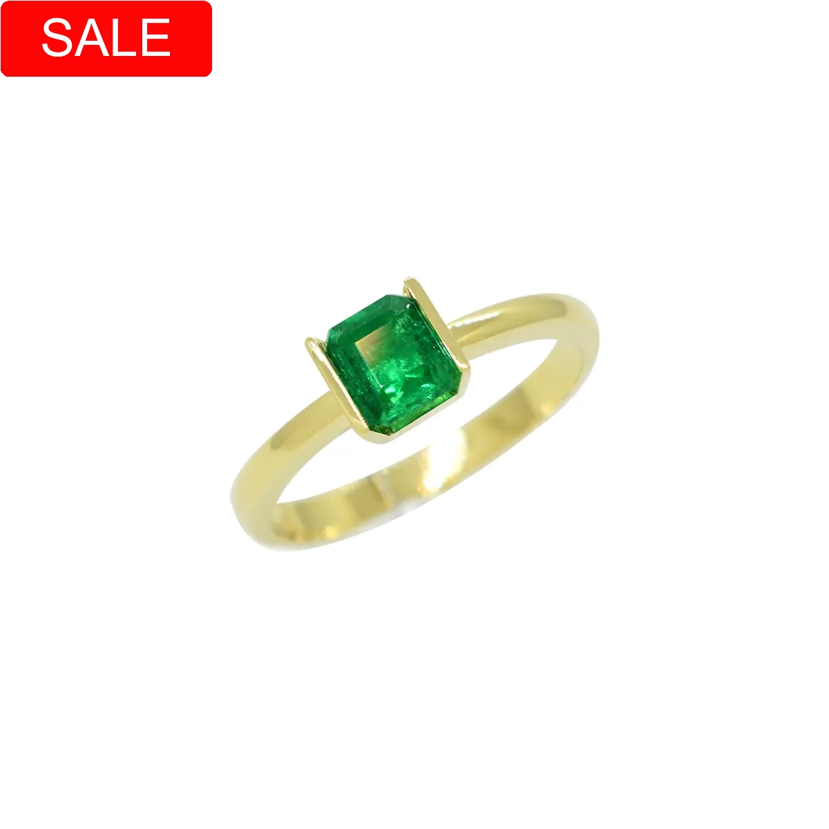 Solitaire emerald ring with 0.50 Ct. square shape emerald cut natural emerald set in 18K gold half bezel open tension setting