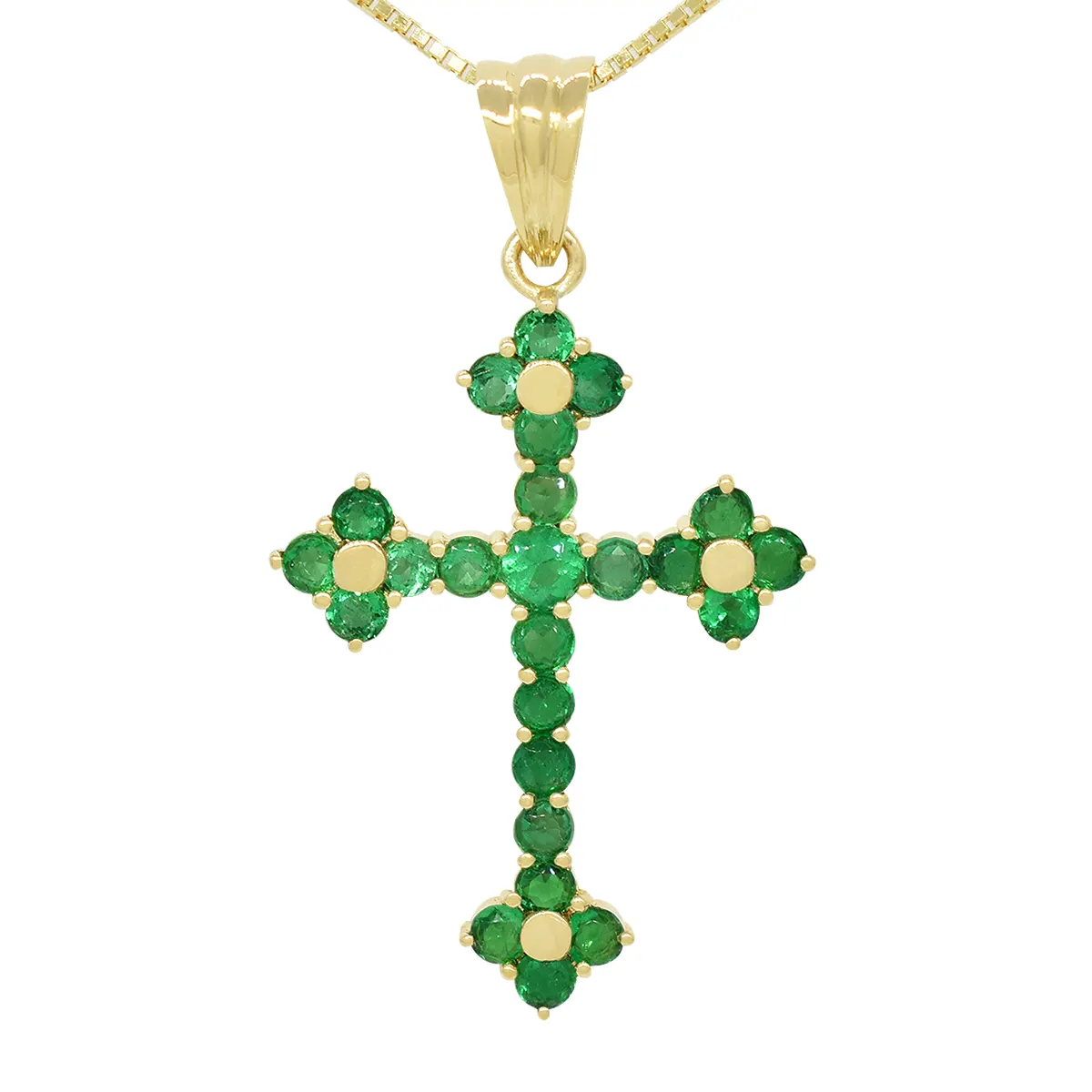 Emerald cross pendant in 18K yellow gold with 1.70 Ct. t.w. in 24 round cut natural Colombian emeralds with vivid green color