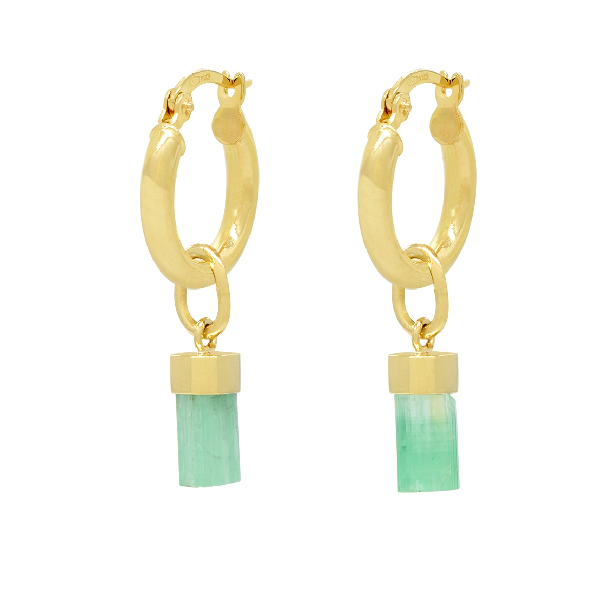 18K yellow gold hoop earrings with 2 uncut real emeralds in 3.80 Ct. t.w. set in large ring links that drop from the hoops