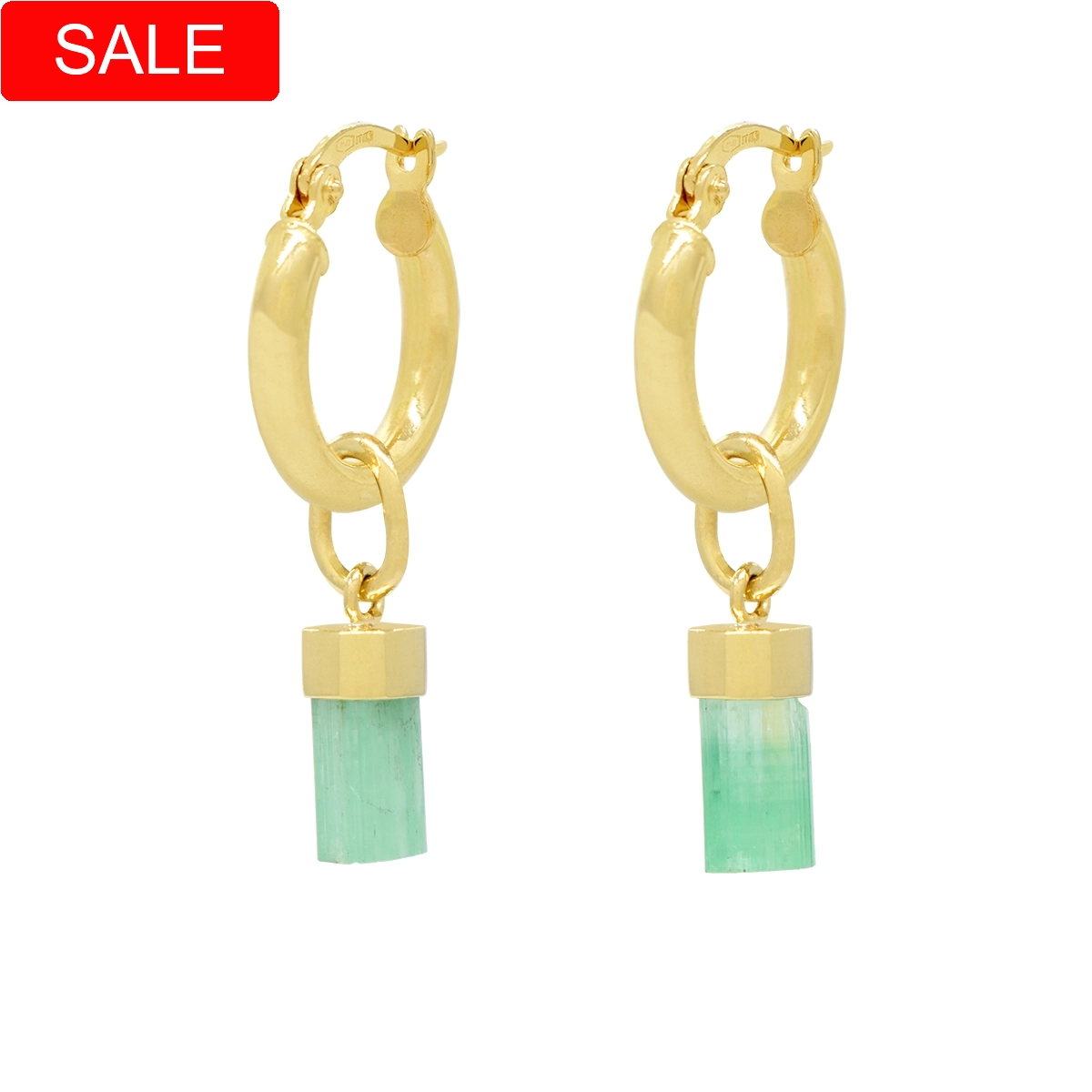 18K yellow gold hoop earrings with 2 uncut real emeralds in 3.80 Ct. t.w. set in large ring links that drop from the hoops