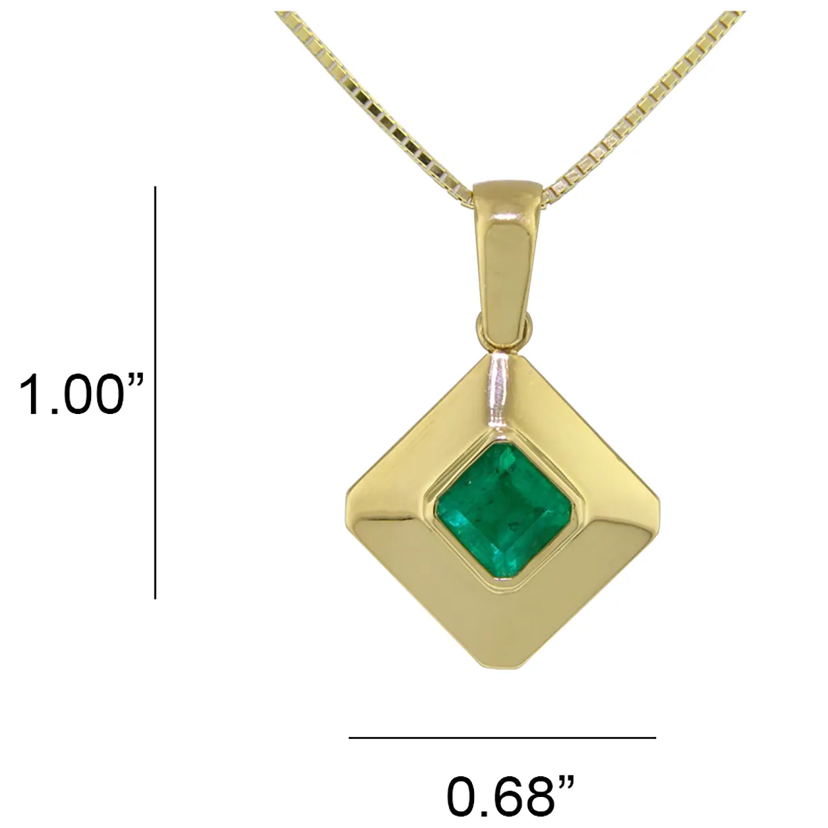 The dimensions of this single stone emerald pendant are 1 inch high, from the top of the bail, by 0.68 inches wide