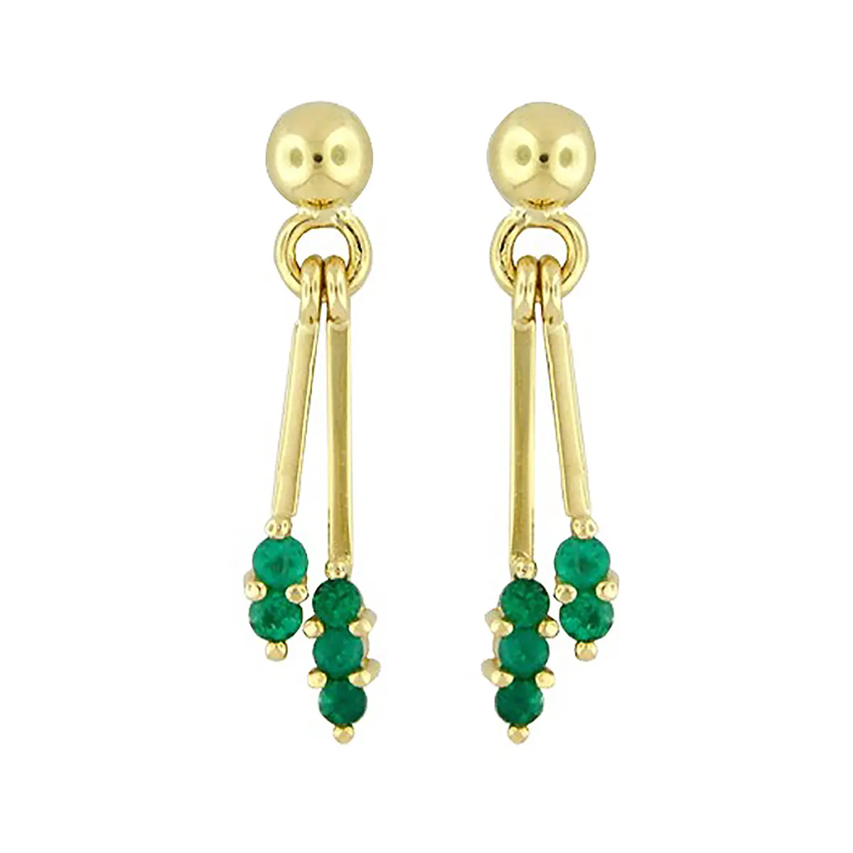 Drop emerald earrings in solid 18K yellow gold with 0.40 Ct. t.w. in 10 green color round emeralds set at the bottom of long and fine bars on each earring that move freely