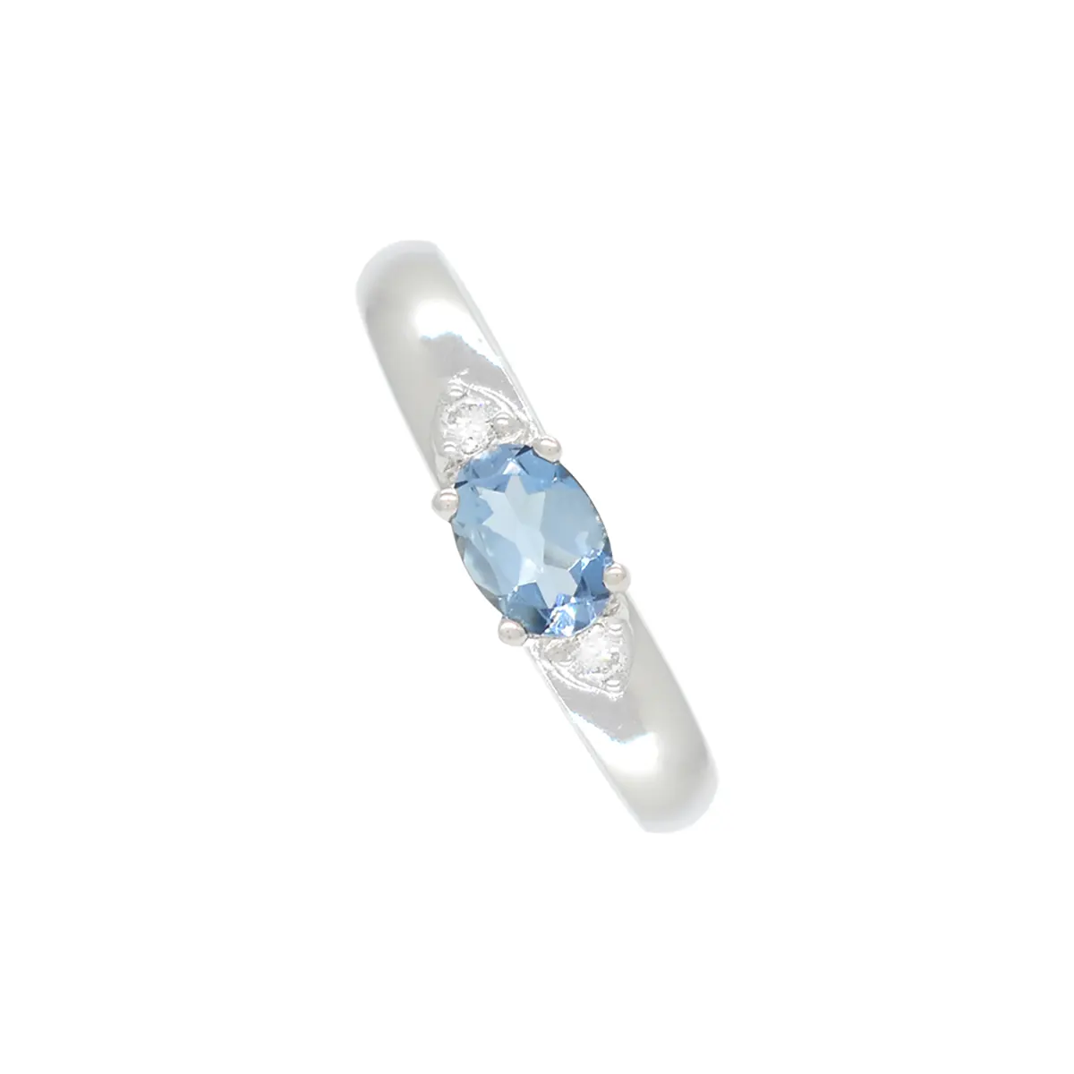 Aquamarine and diamond band ring in 18K white gold with 0.35 Ct. oval shape natural aquamarine and 0.04 Ct. total weight in 2 round cut diamonds