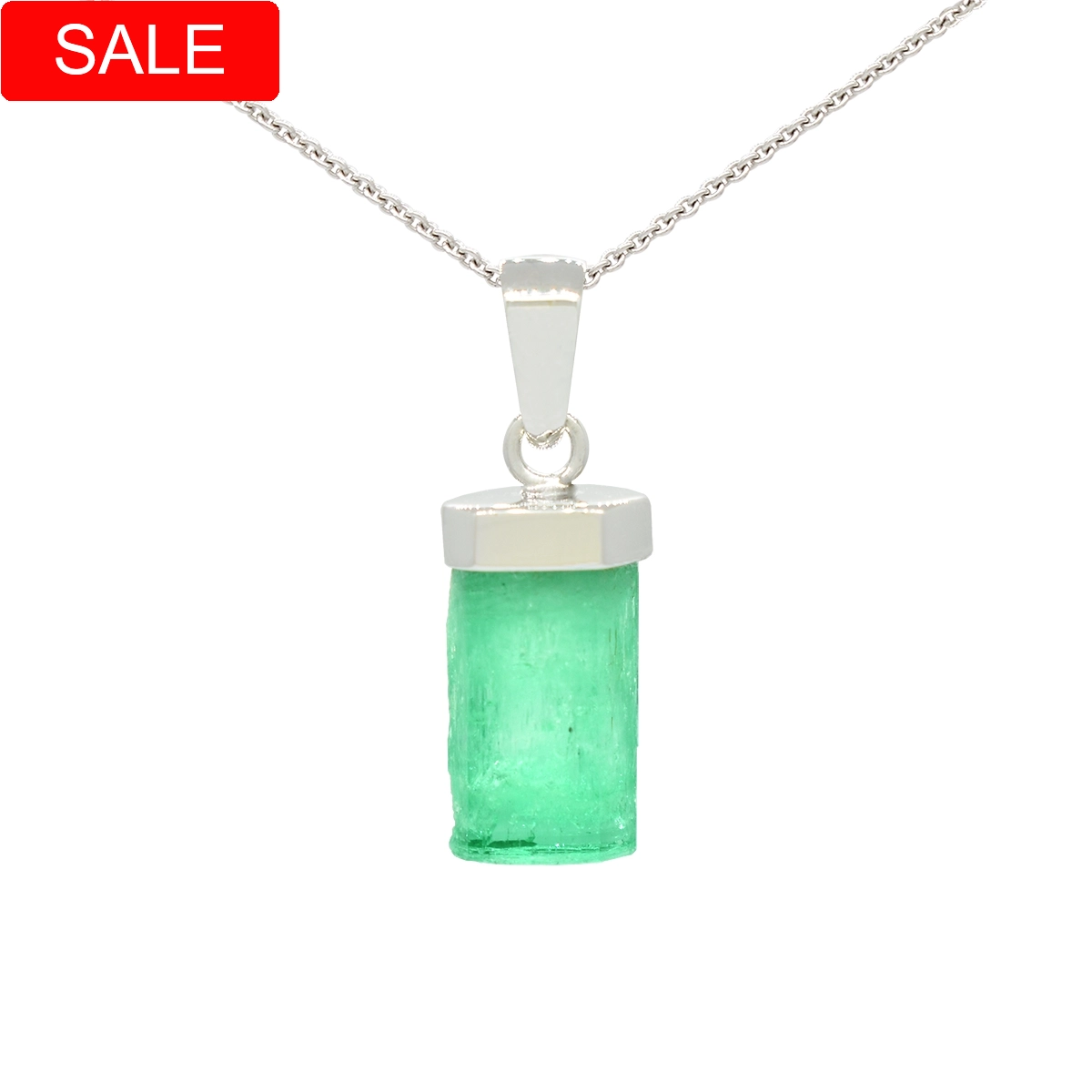 Emerald pendant Necklace with 5.66 carats uncut natural Colombian emerald set in 18K white gold solitaire style