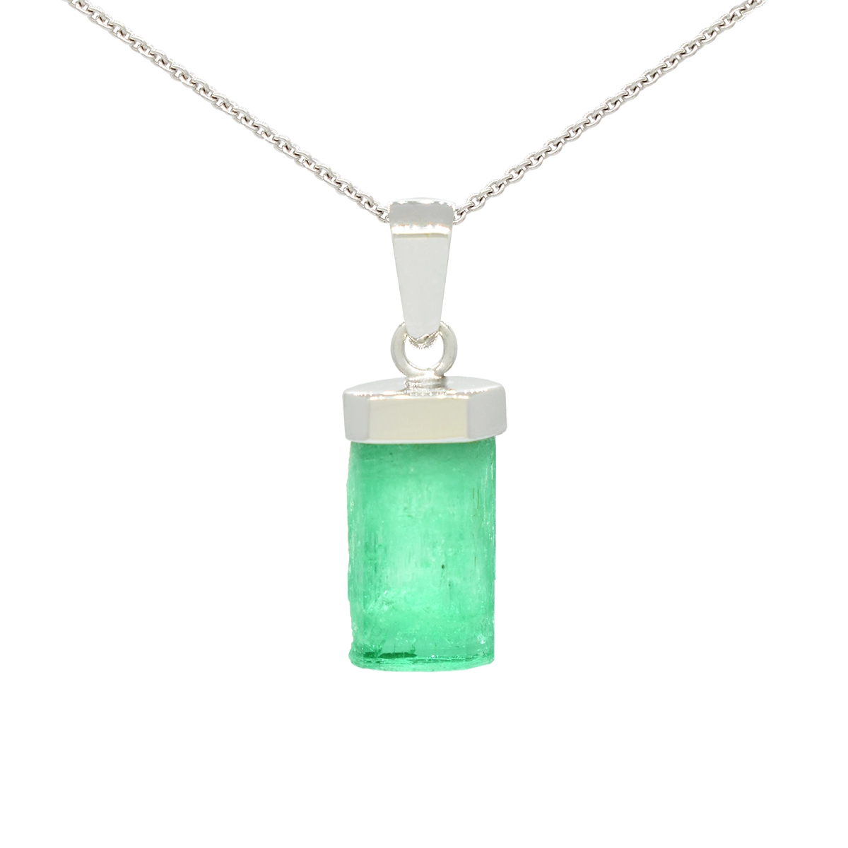 Emerald pendant Necklace with 5.66 carats uncut natural Colombian emerald set in 18K white gold solitaire style