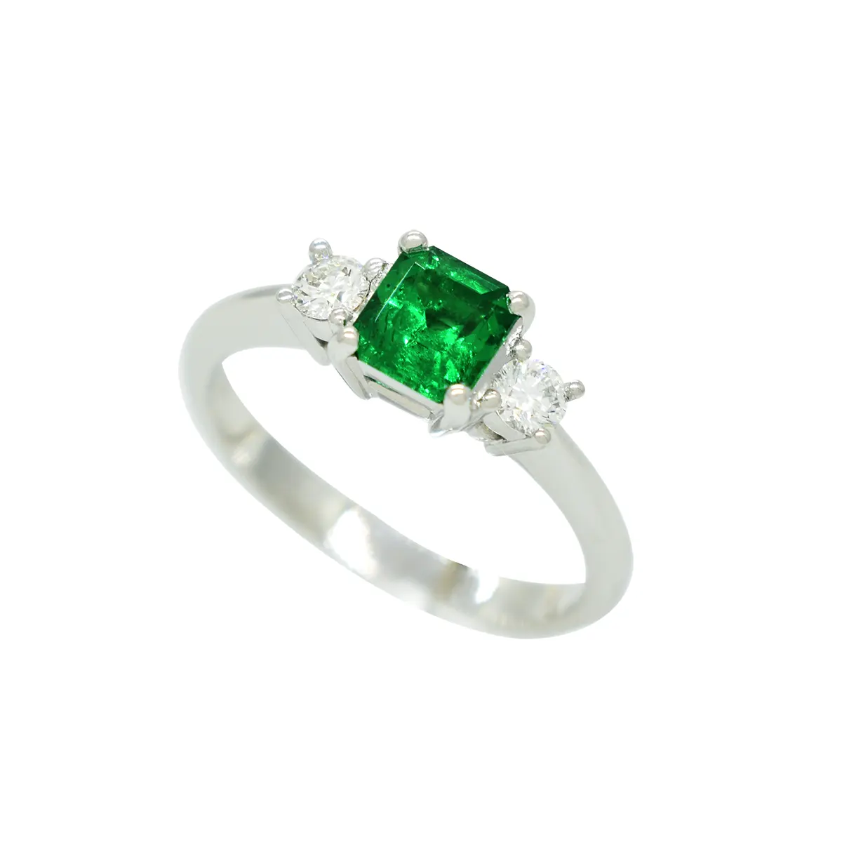 Small Emerald Ring with Round Diamonds in 18K White Gold 3 Stones Ring Style