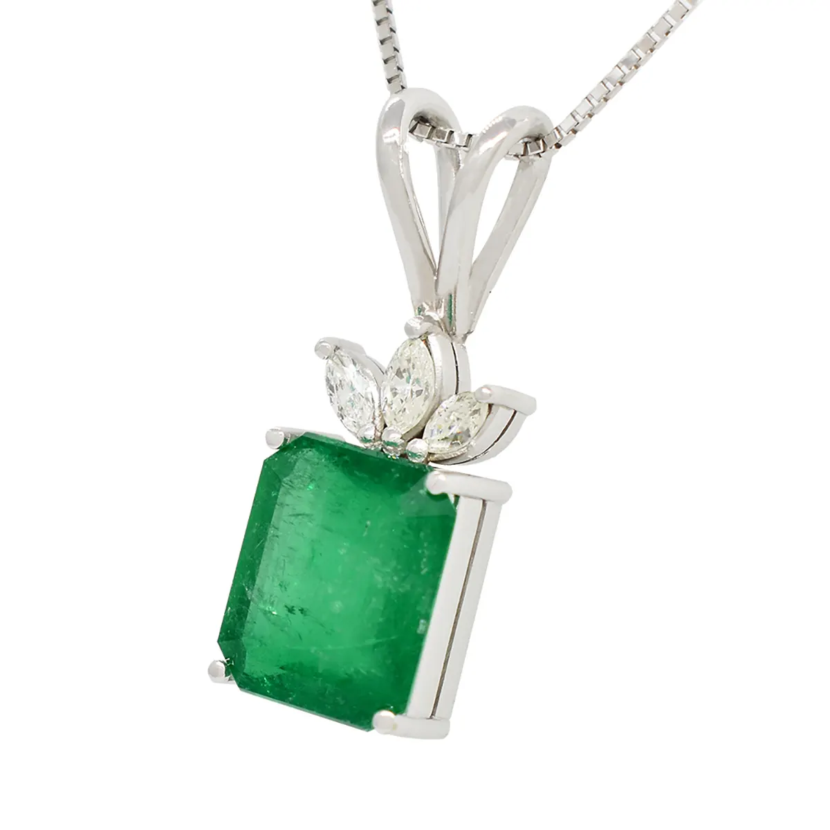 Emerald and Diamond Pendant in 18K White Gold With Emerald Cut Emerald and Marquise Shape Diamonds
