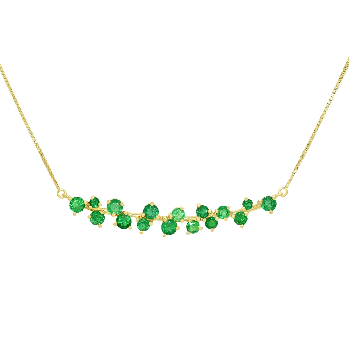 This elegant 18K gold necklace features 16 genuine Colombian emeralds (1.26 ct. t.w.) in rich green tones, set along a gold branch design that evokes delicate leaves.