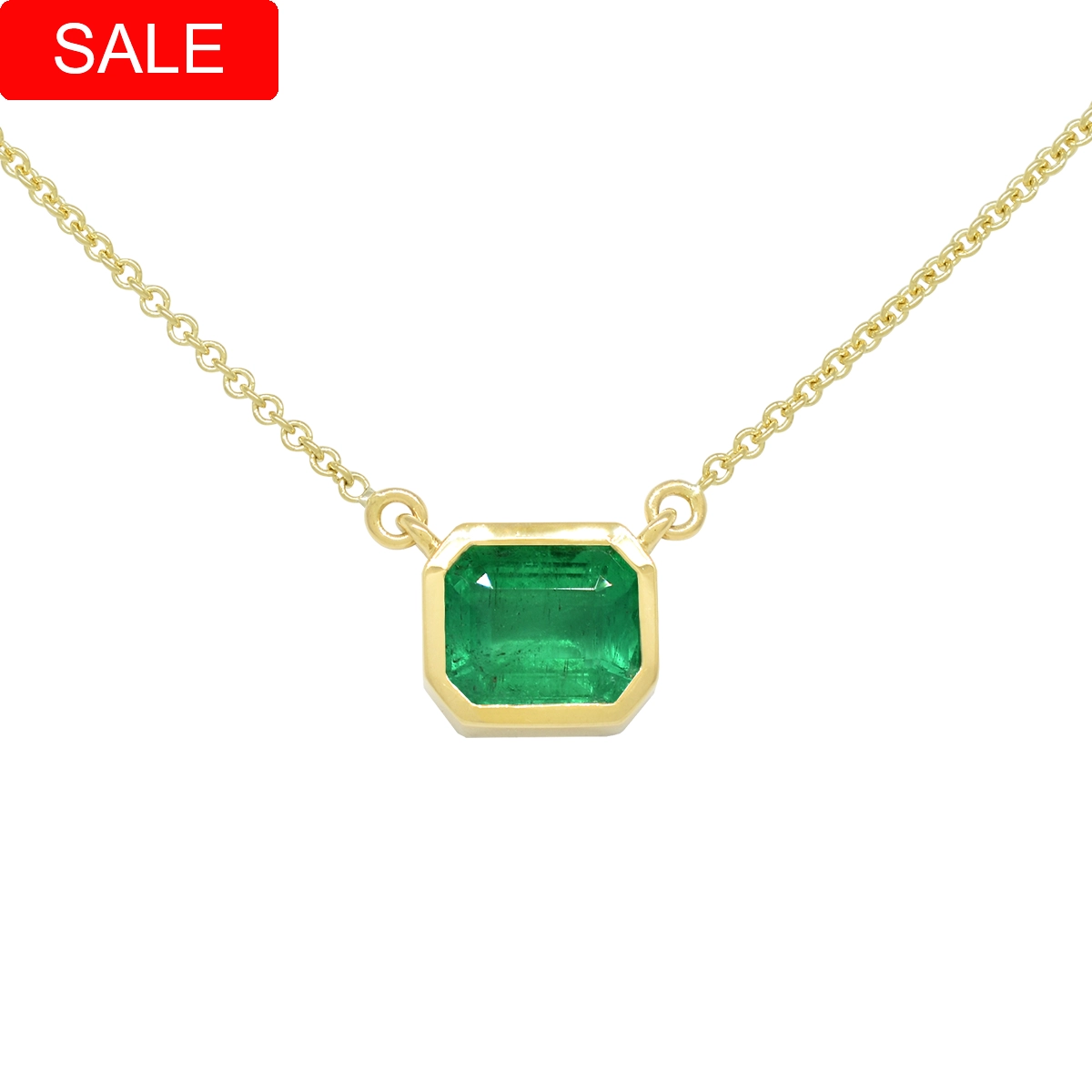 One Carat Emerald Cut Natural Colombian Emerald Necklace in 18K Gold Bezel Setting