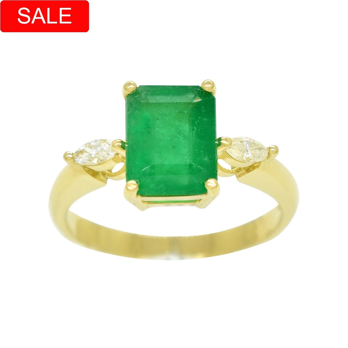 3-stones ring with emerald-cut natural emerald and 2 marquise shape diamonds in solid 18K gold