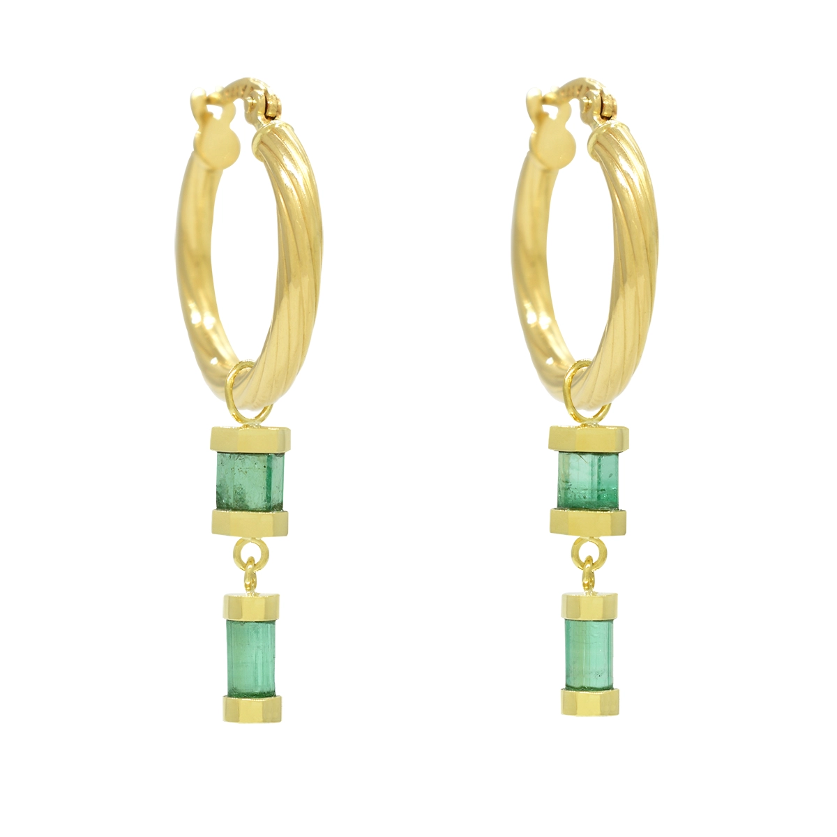 Emerald dangling earrings with 4 uncut natural emeralds in 18K gold in a total carat weight of 3.28 carats in medium light green color