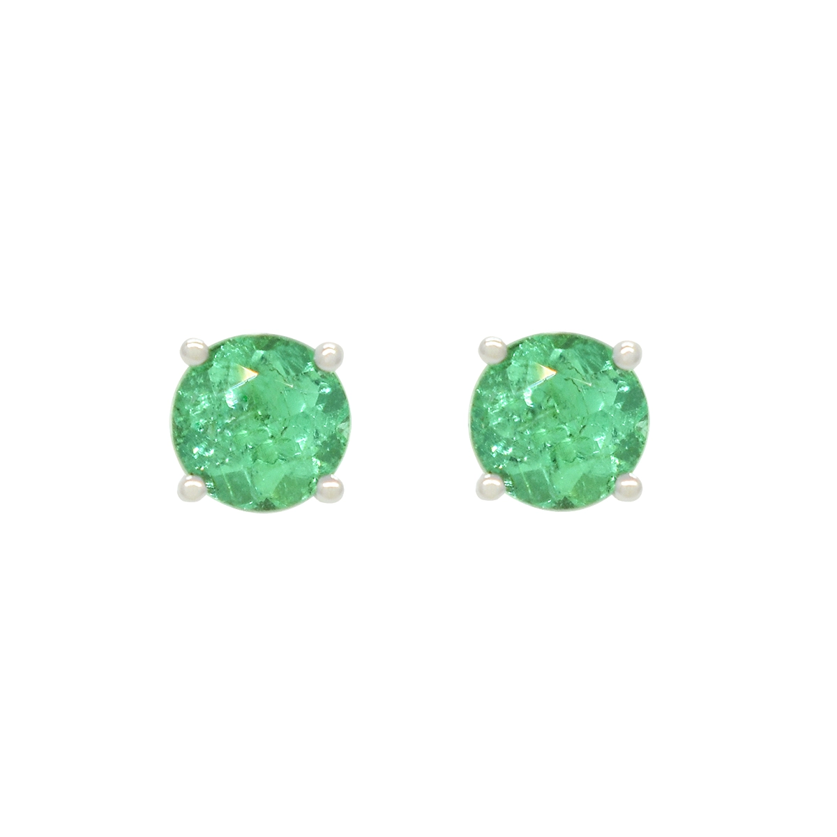 Round stud earrings with two beautiful natural Colombian emeralds in a stunning medium green color beautifully set in a solid 18K white gold setting