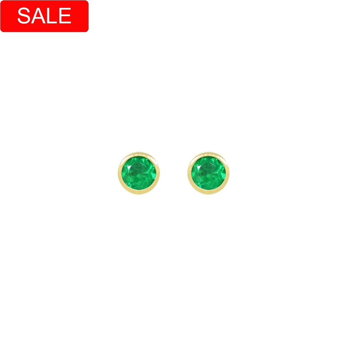 Small stud emerald earrings in 18K yellow gold classic bezel setting with 2 real Colombian emeralds