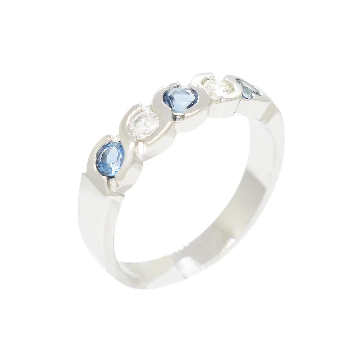 Aquamarine and Diamond Wedding Ring Band in 18K White Gold Bezel Setting 