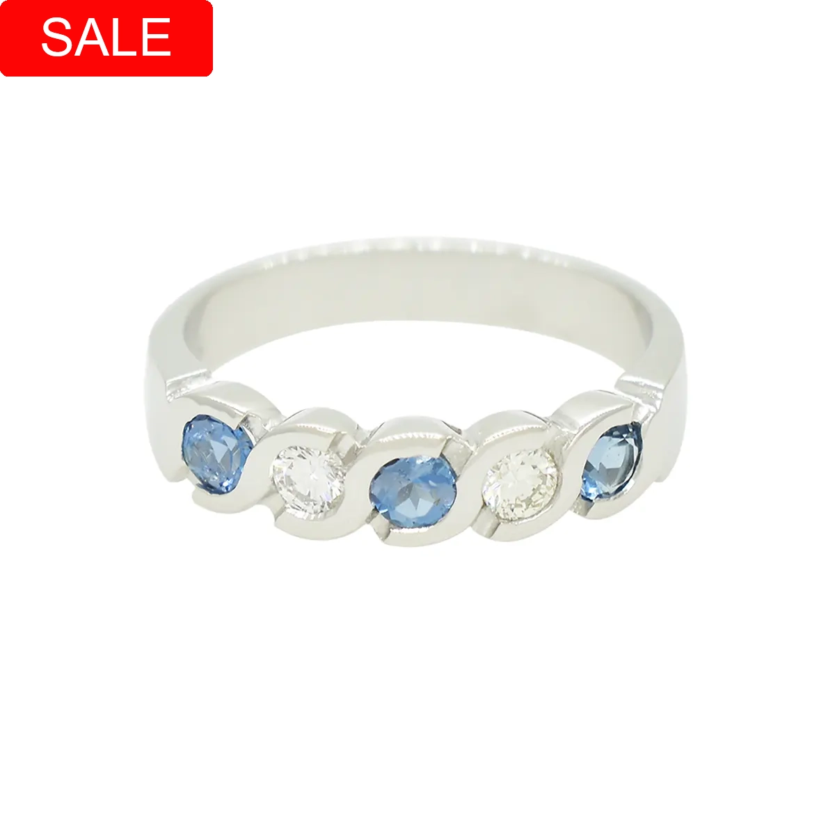 Aquamarine and Diamond Wedding Ring Band in 18K White Gold Bezel Setting 