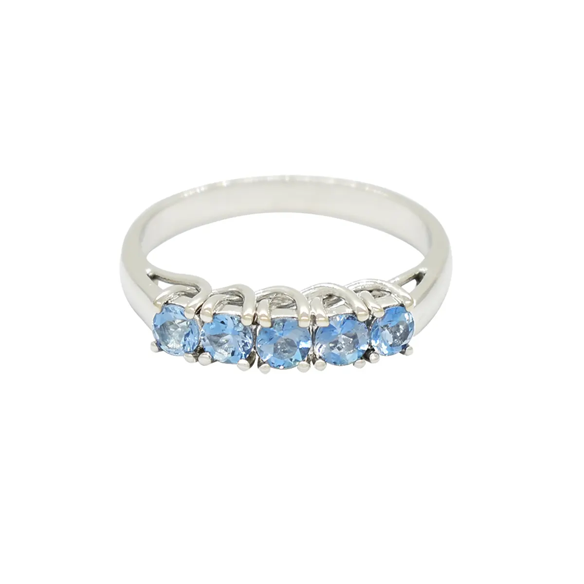 Small aquamarine wedding band ring with 0.48 Ct. t.w. in 5 round cut natural aquamarines custom made in 18K white gold