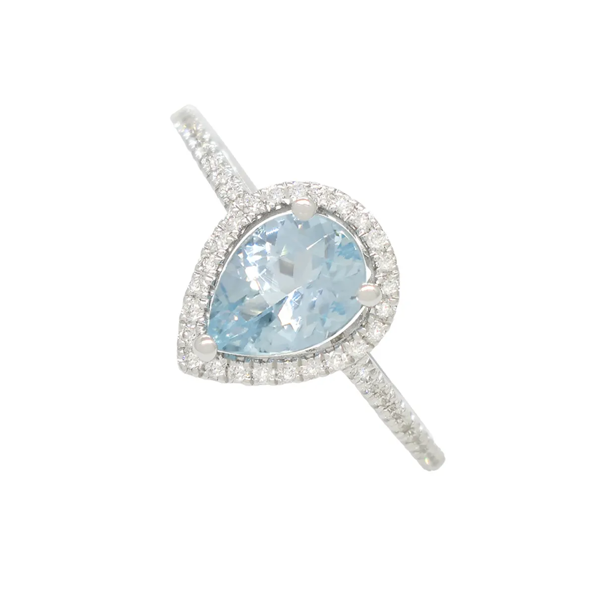 White gold aquamarine and diamond ring with 0.90 Ct. pear shape natural aquamarine and 0.18 Ct. t.w. in 45 round cut genuine diamonds