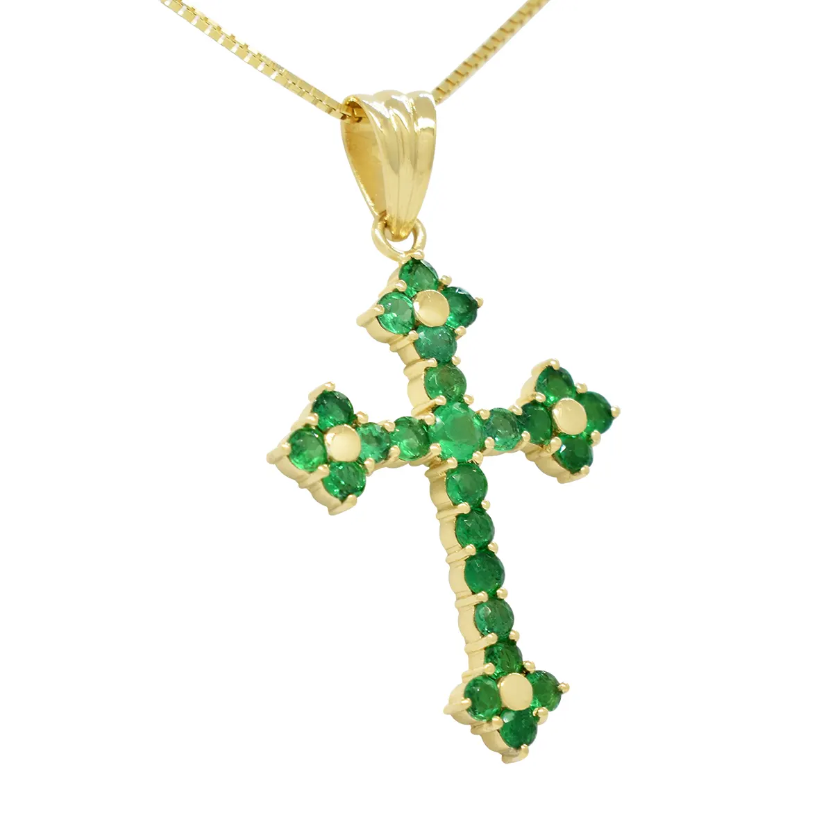 Cross Emerald Pendant in 18K Yellow Gold with 24 Round Cut Emeralds