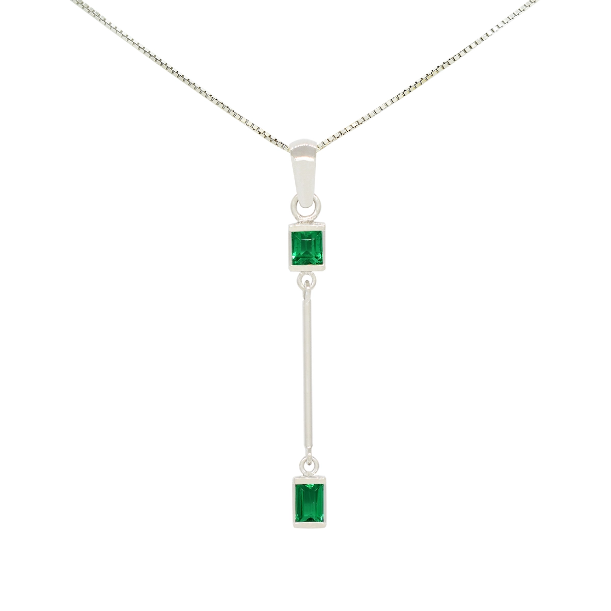 Delicate Emerald Pendant in 18K White Gold with Baguette Cut Emeralds