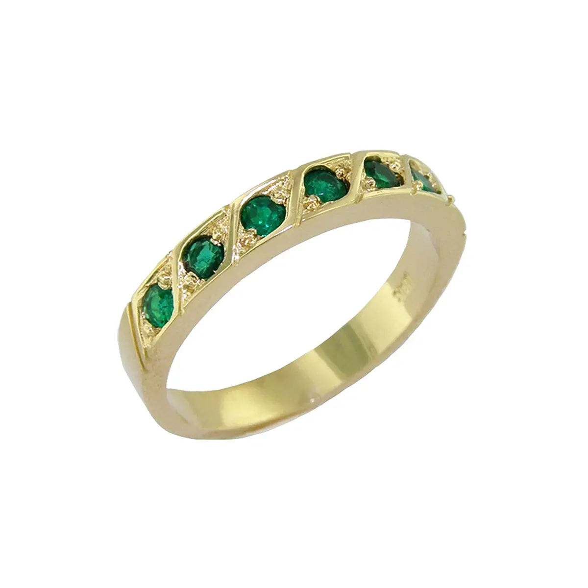Solid 18K gold emerald wedding band ring with 7 round cut natural Colombian emeralds in 0.32 Ct. t.w. with dark green color