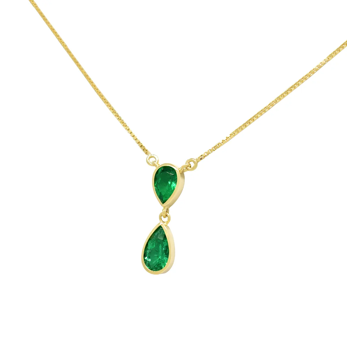 18K Gold Necklace with Pear Shape Emeralds in Bezel Set