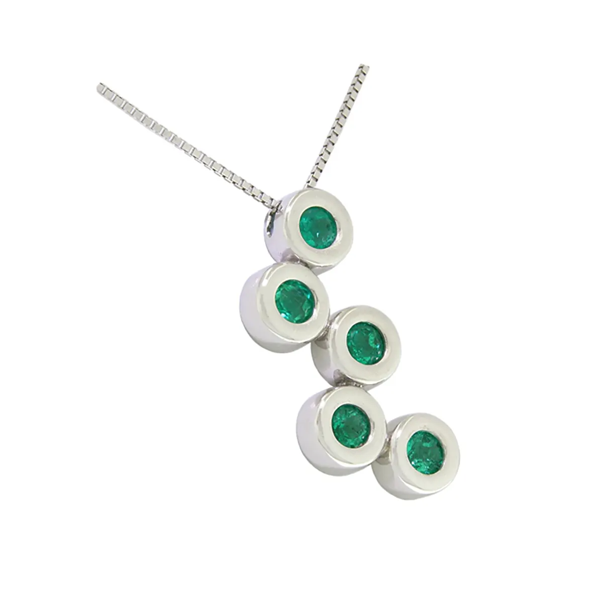 Bezel Set Emerald Necklace in 18K White Gold with 5 Round Cut Emeralds