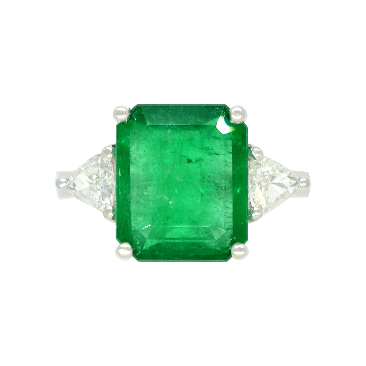 Big emerald cut natural emerald and trillion cut diamond ring in solid 18K white gold 3-stones ring style