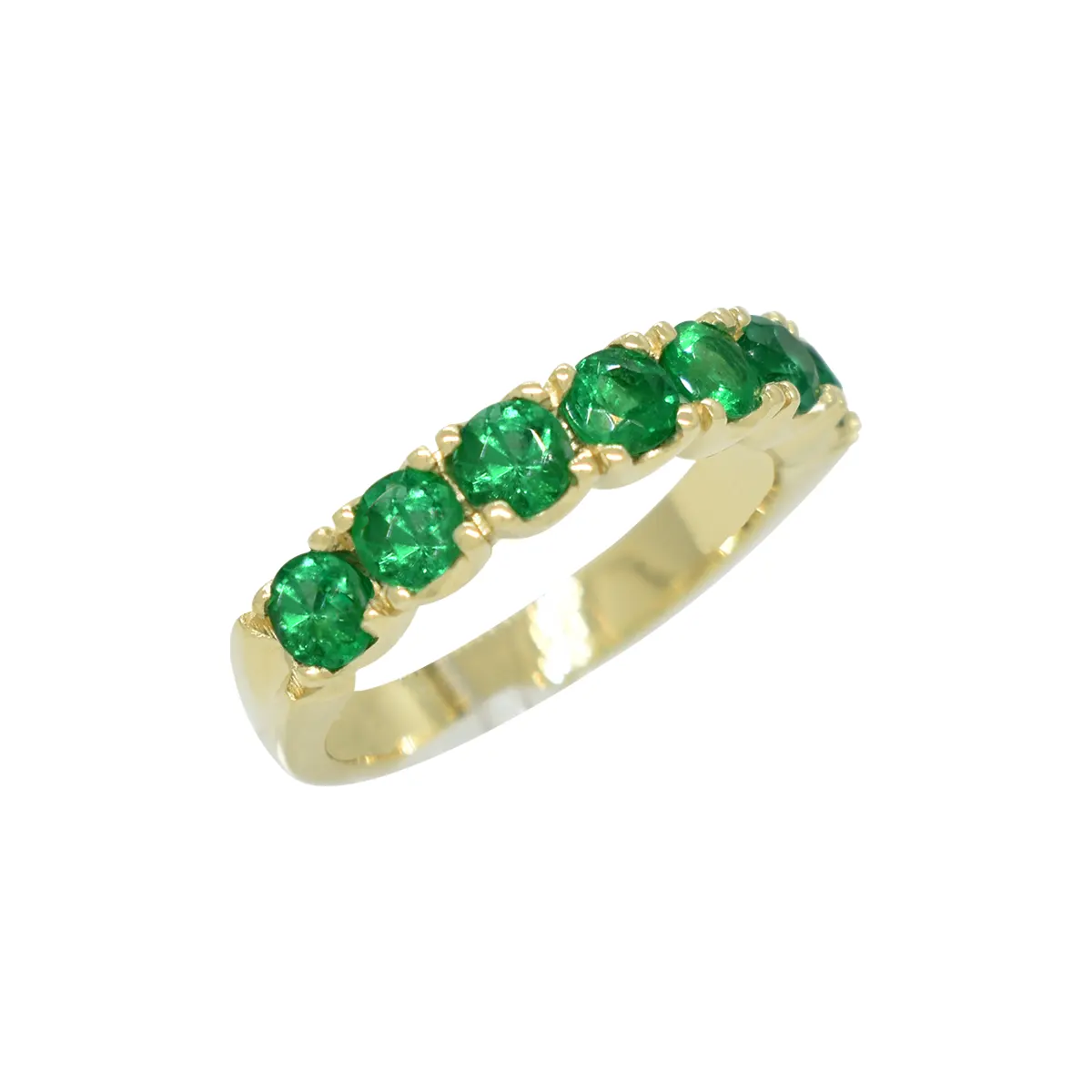 Multi-stone emerald band ring with genuine circular emeralds with dark green set in solid brilliant yellow gold prongs custom made for each emerald