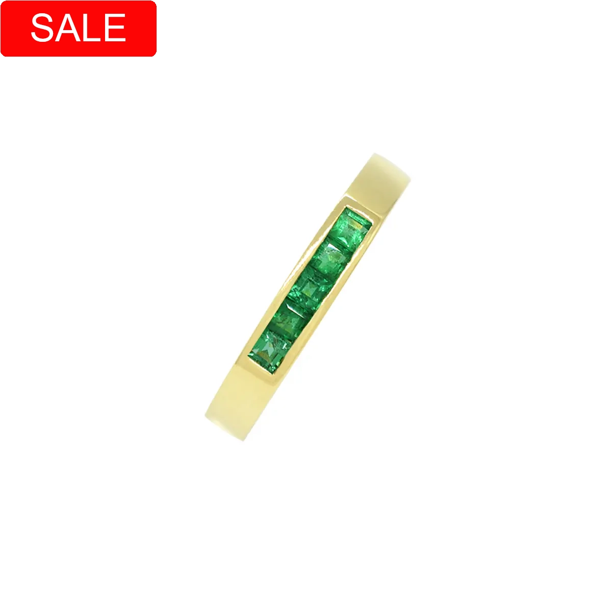 Small 18K gold emerald wedding band ring with 5 square cut natural Colombian emeralds in smooth channel setting
