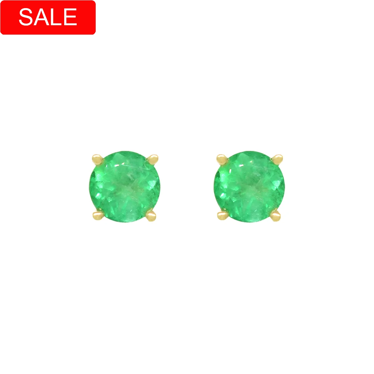 18K gold circular emerald stud earrings with 0.88 Ct. t.w. in 2 round cut natural Colombian emeralds in a classic 4 prong setting