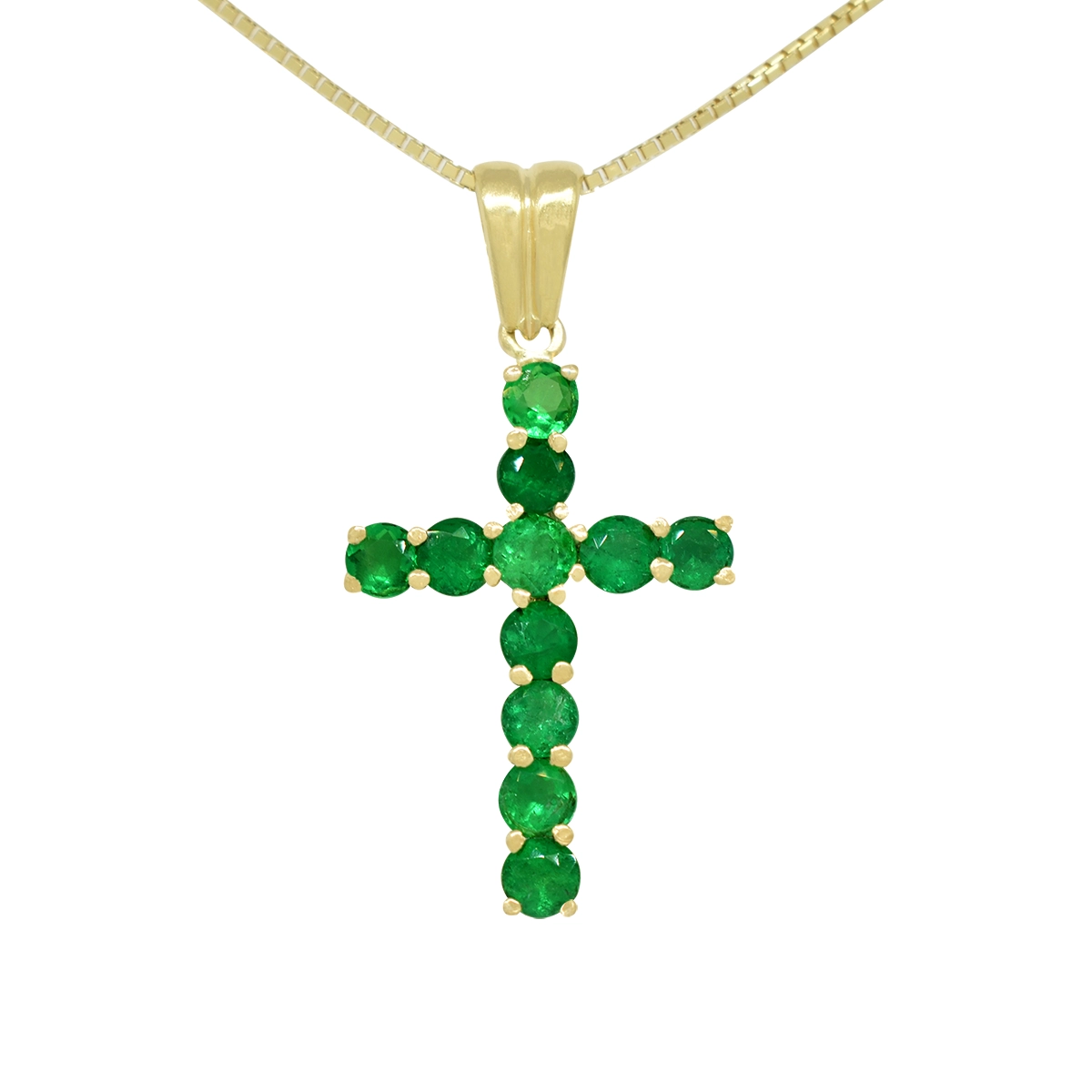 Green cross pendant necklace in 18K yellow gold with 1.55 Ct. t.w. in 11 round cut genuine natural Colombian emeralds