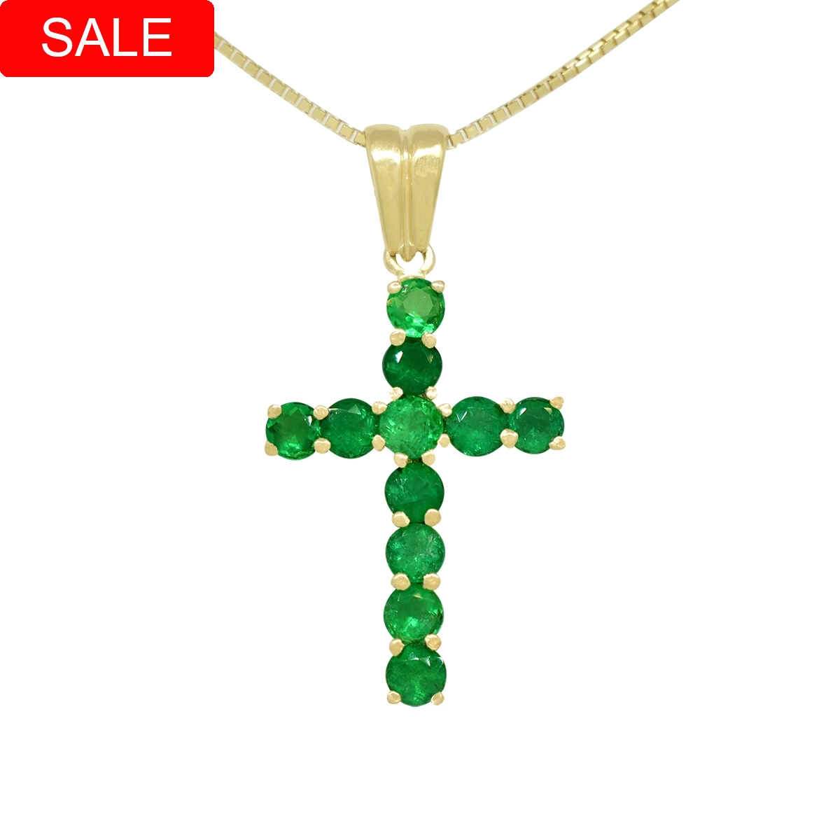 Green cross pendant necklace in 18K yellow gold with 1.55 Ct. t.w. in 11 round cut genuine natural Colombian emeralds