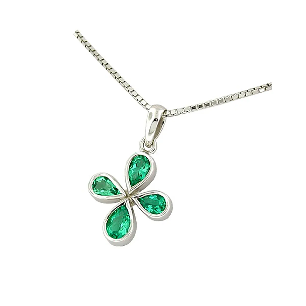 Clover shape green emerald pendant necklace with 4 pear cuts natural Colombian emeralds in 1.10 Ct. t.w. in 18K white gold bezel set