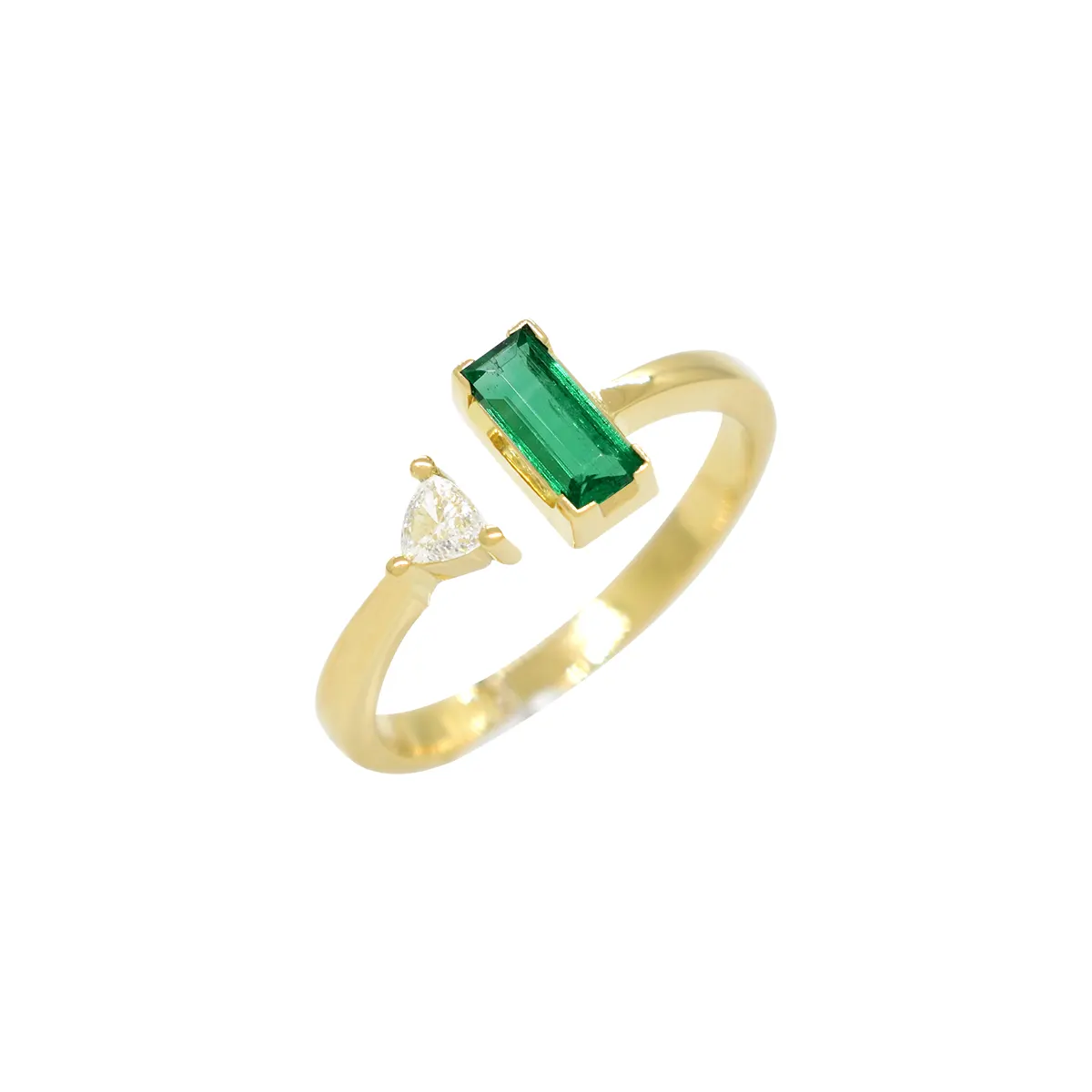 Emerald and diamond open cuff ring with 0.34 Ct. emerald cut natural Colombian emerald with deep and clear green color set with 0.08 trillion cut genuine diamond