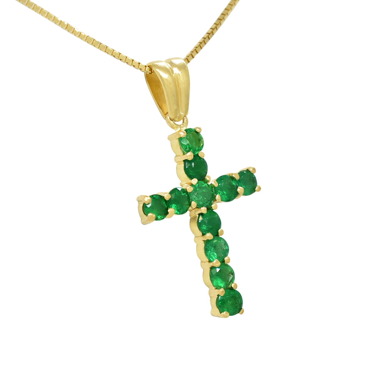 Cross pendant with round cut natural emeralds with vivid green color set in strong and durable prongs with an antique jewelry hint in its design