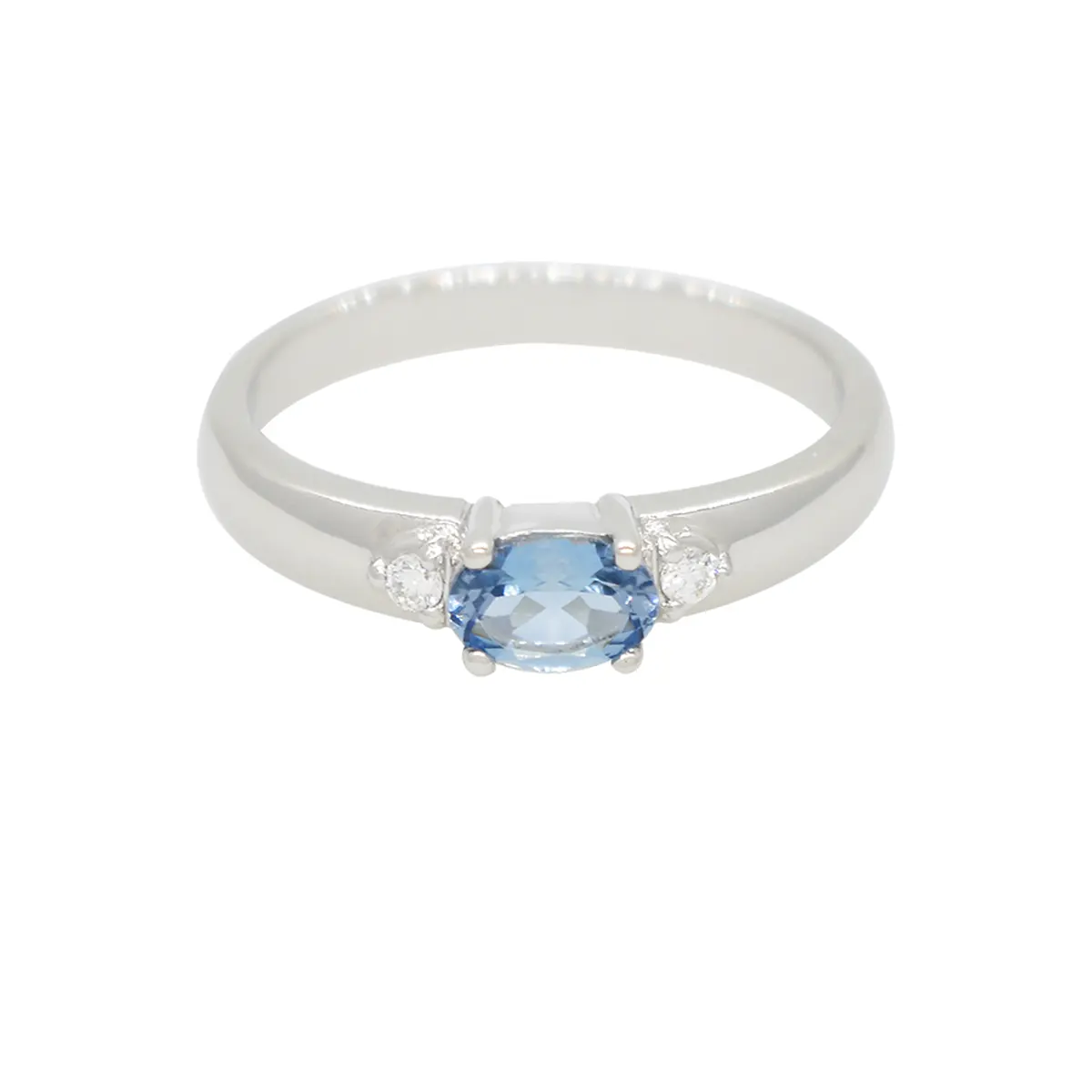 East West 3 Stones Aquamarine and Diamond Ring in 18K White Gold