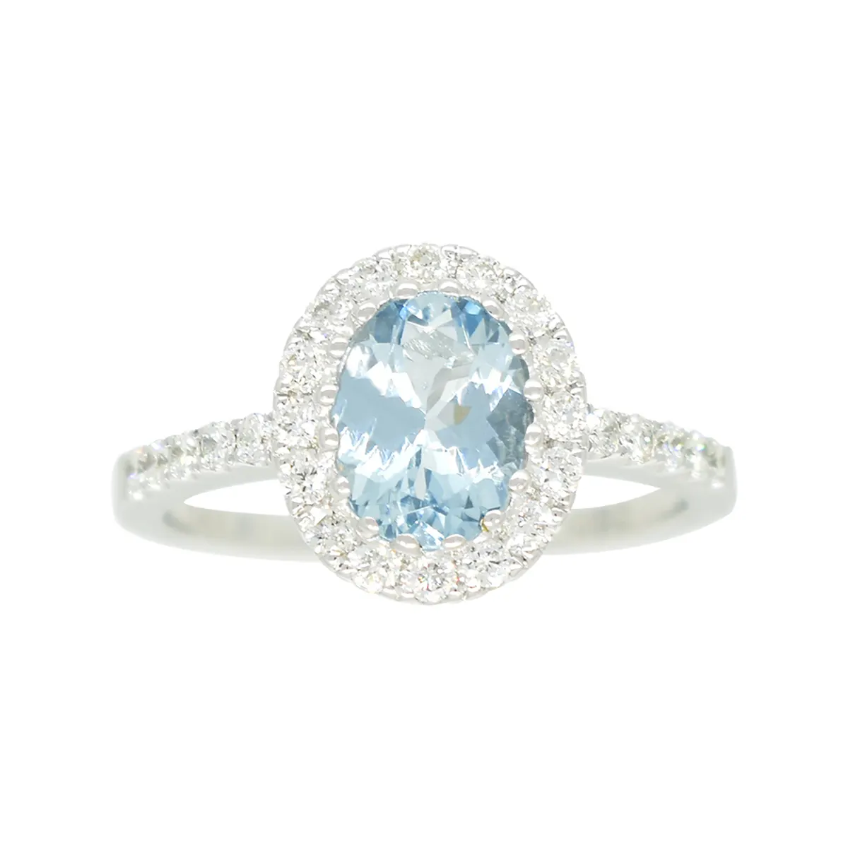 Stunning Aquamarine Ring With Oval Shape Genuine Aquamarine and Diamond Halo