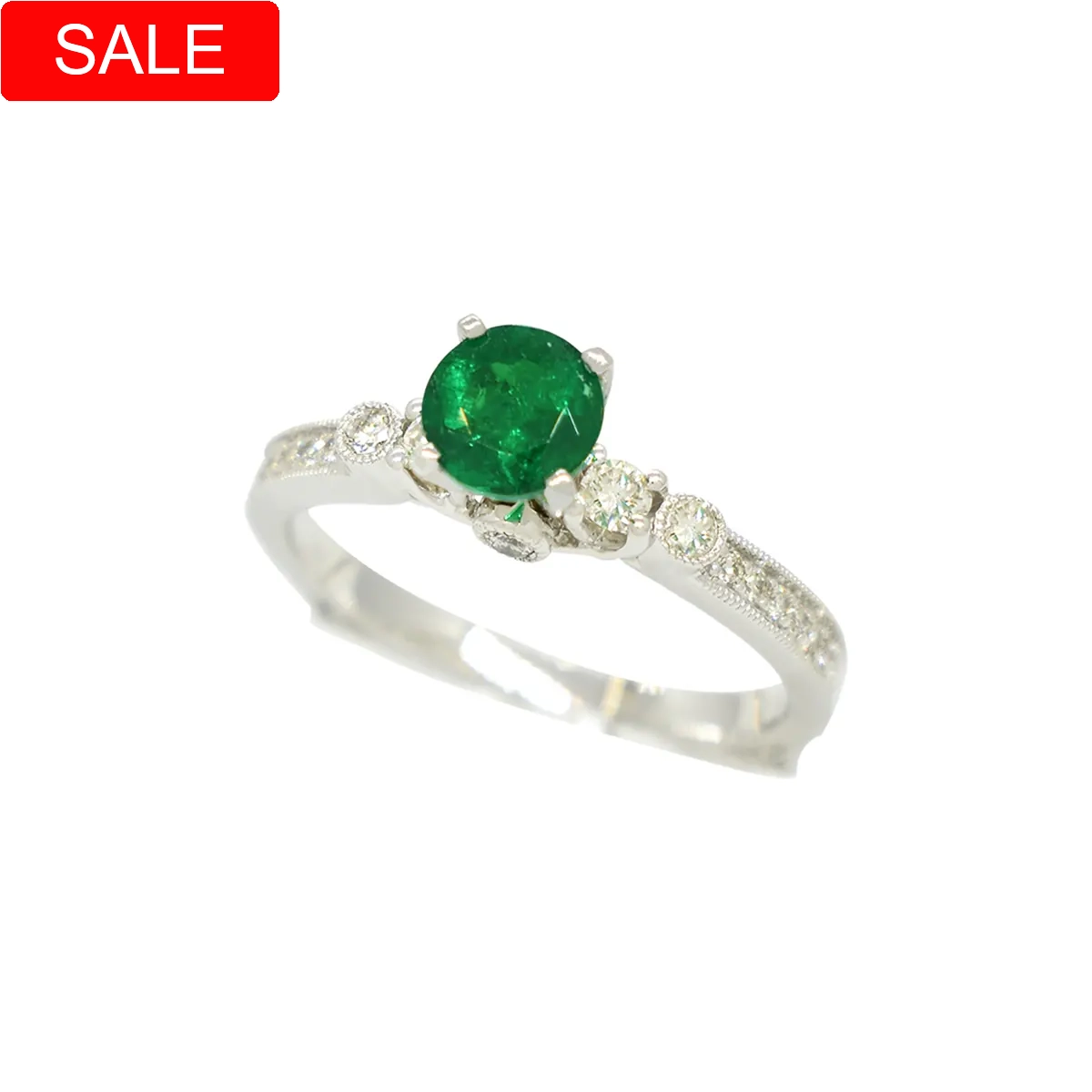 Dainty Emerald Engagement Ring with Round Diamonds in Fine Micro Pave Setting