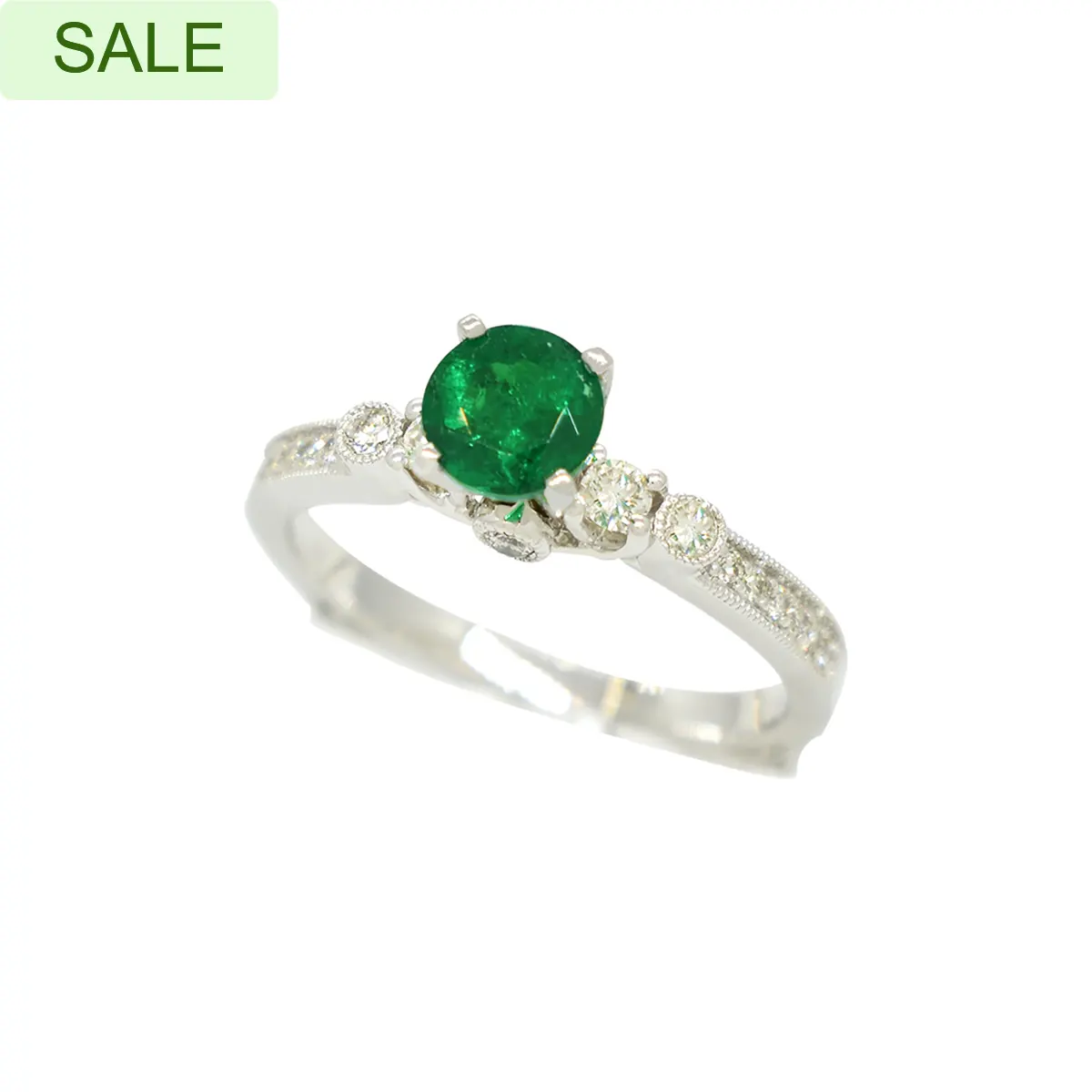Dainty Emerald Engagement Ring with Round Diamonds in Fine Micro Pave Setting