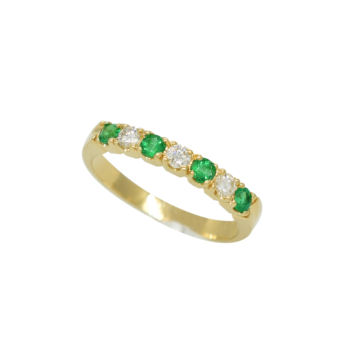 Green emerald wedding band ring set with white diamonds in half eternity band in solid 18K yellow gold