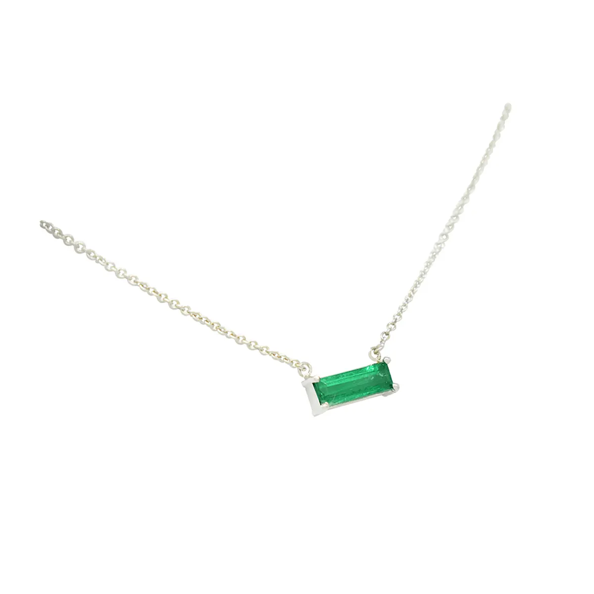 18K White Gold Solitaire Emerald Necklace with Baguette Cut Natural Colombian Emerald