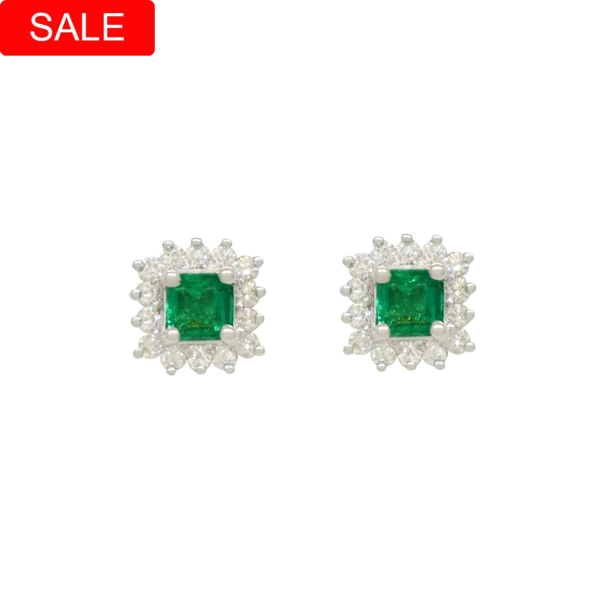 Small emerald cut emeralds surrounded by round cut diamonds set in 18K white gold stud earrings in elegant prong setting