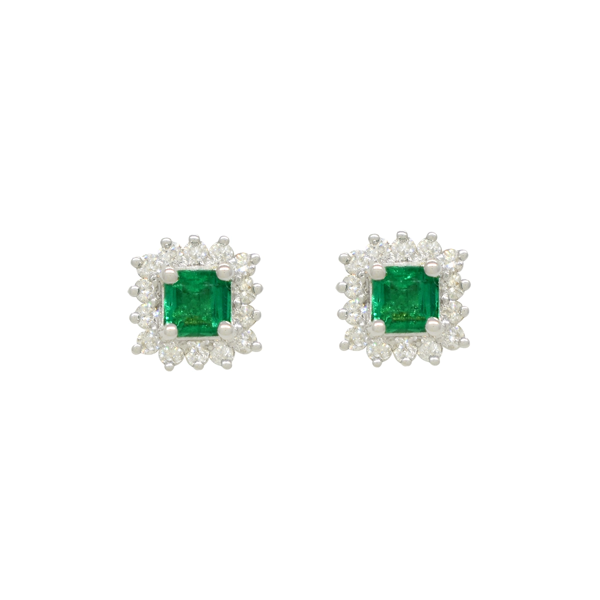 Small emerald cut emeralds surrounded by round cut diamonds set in 18K white gold stud earrings in elegant prong setting