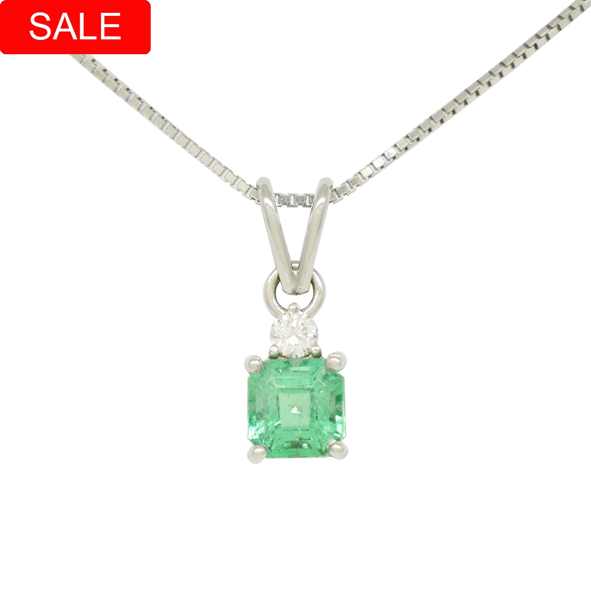 Square Emerald and Diamond Pendant in 18K White Gold Prong Setting