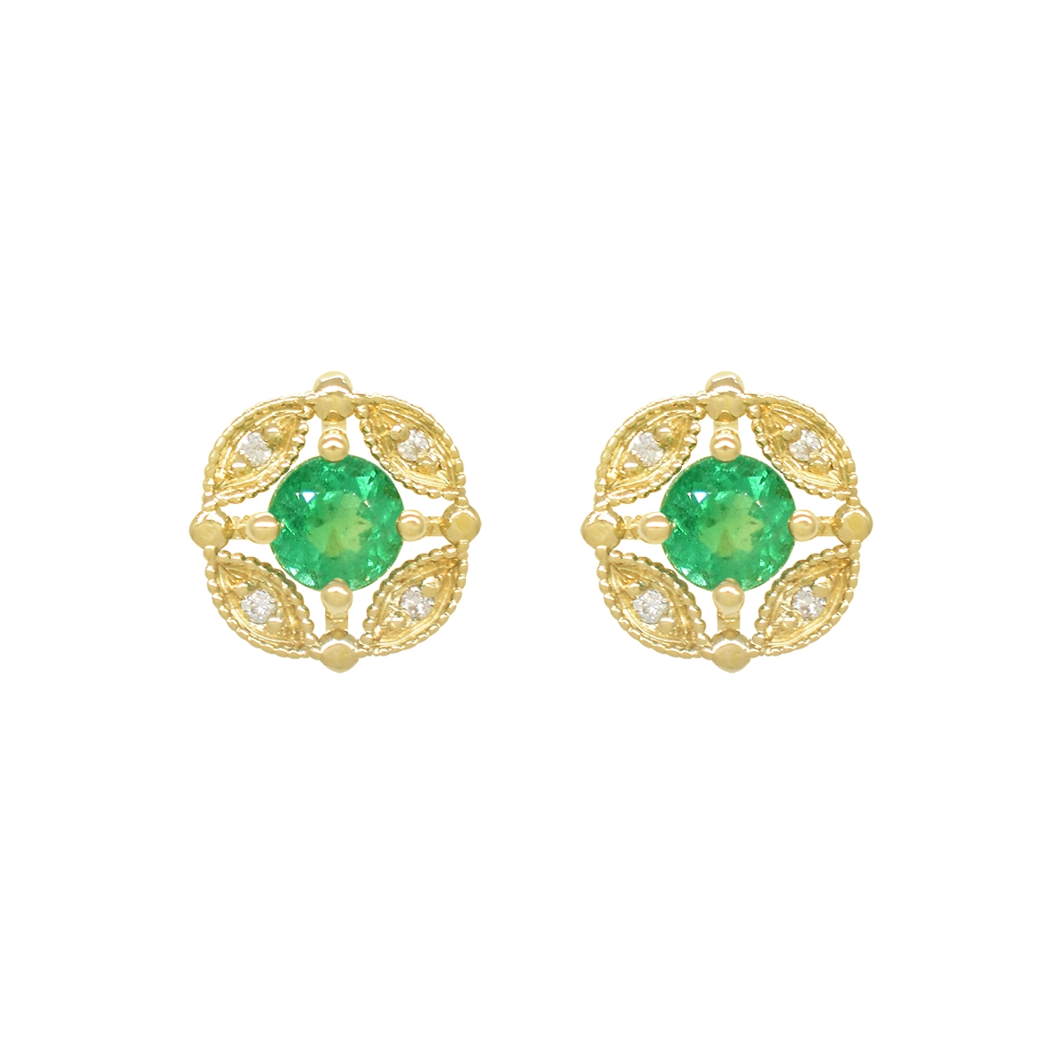 18K gold emerald and diamond stud earrings with 0.62 Ct. t.w. in 2 round cut real natural emeralds and 0.04 Ct. t.w. in 8 round cut genuine diamonds
