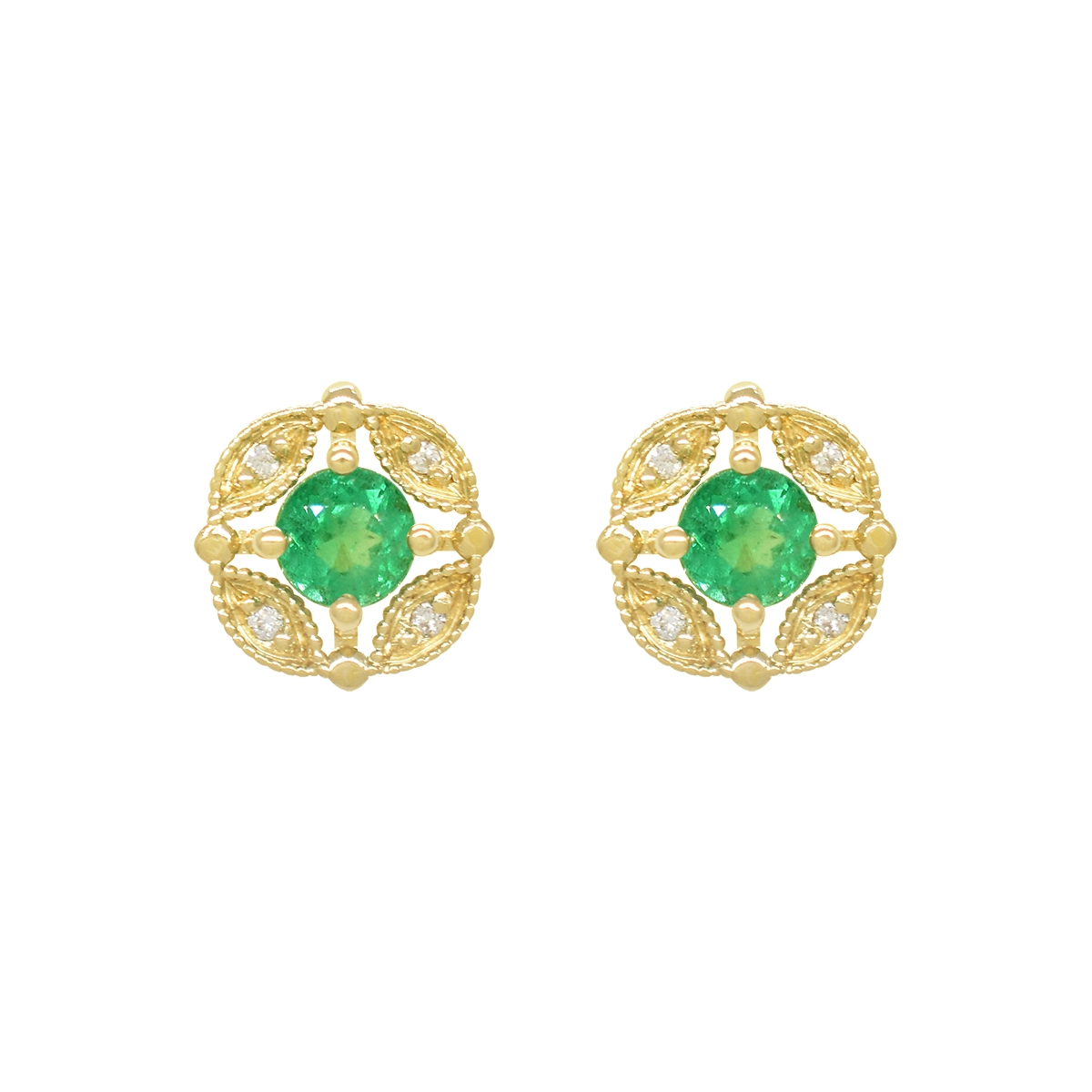 18K Yellow Gold Emerald and Diamond Earrings